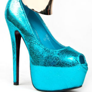 Turquoise Metallic Crinkle Gold Cuff Peep Toe Pump